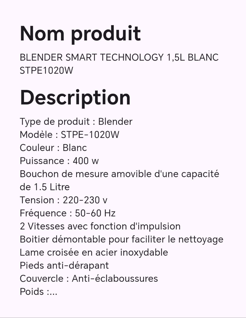 MIXEUR BLENDER SMART TECHNOLOGY 1,5L BLANC STPE1020W MIXEUR BLENDER SMART TECHNOLOGY 1,5L BLANC STPE1020W