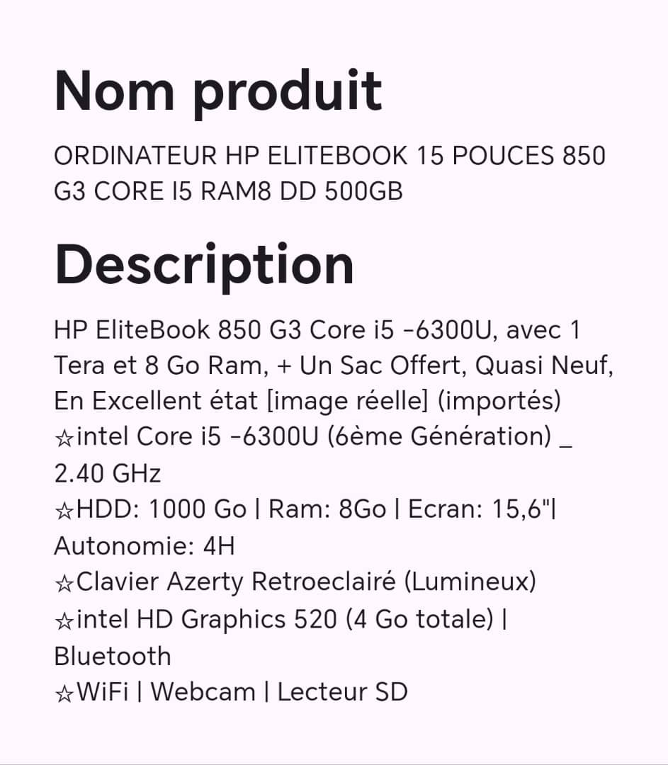 ORDINANTEUR HP ELITEBOOK 15 POUCES 850 G3 CORE I5 RAM8 DD 500GB ORDINANTEUR HP ELITEBOOK 15 POUCES 850 G3 CORE I5 RAM8 DD 500GB