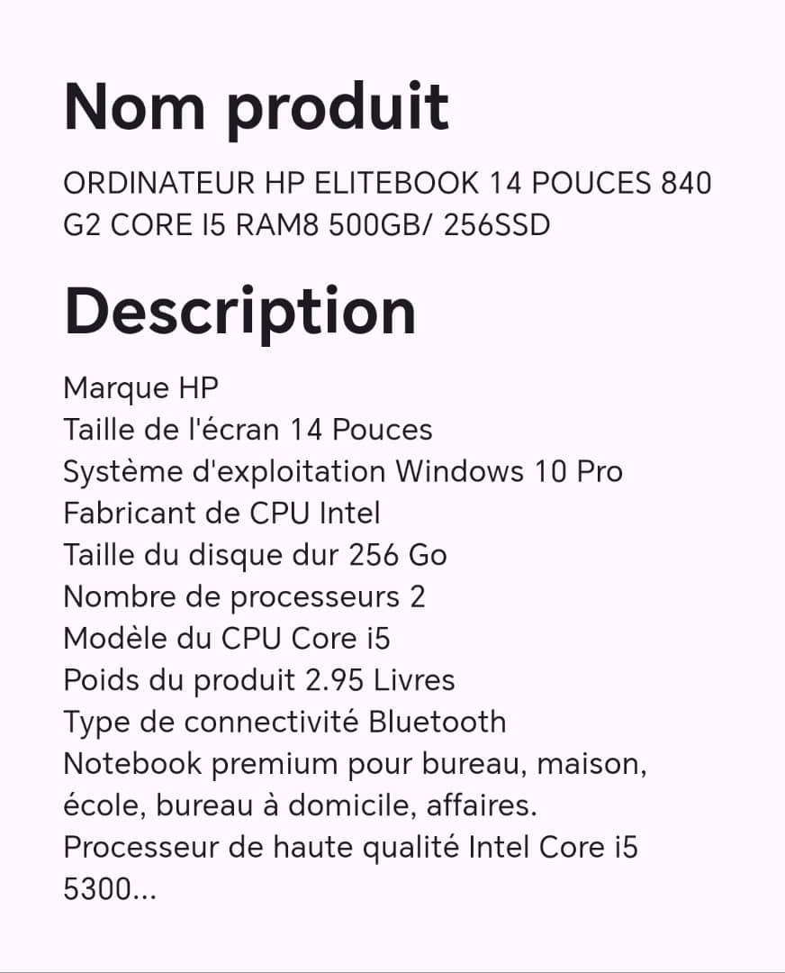 ORDINATEUR HP ELITEBOOK 14 POUCE 840 G2 CORE I5 RAM8 500GB/ 256SSD ORDINATEUR HP ELITEBOOK 14 POUCE 840 G2 CORE I5 RAM8 500GB/ 256SSD