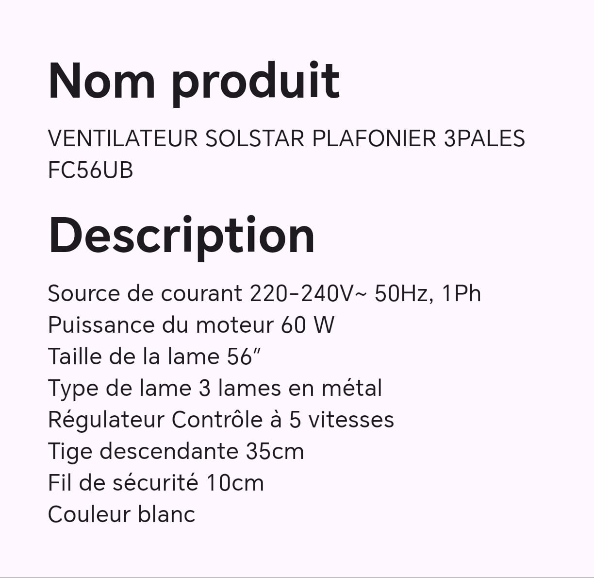 VENTILATEUR SOLSTAR PLAFONIER 3PALES FC56UB VENTILATEUR SOLSTAR PLAFONIER 3PALES FC56UB