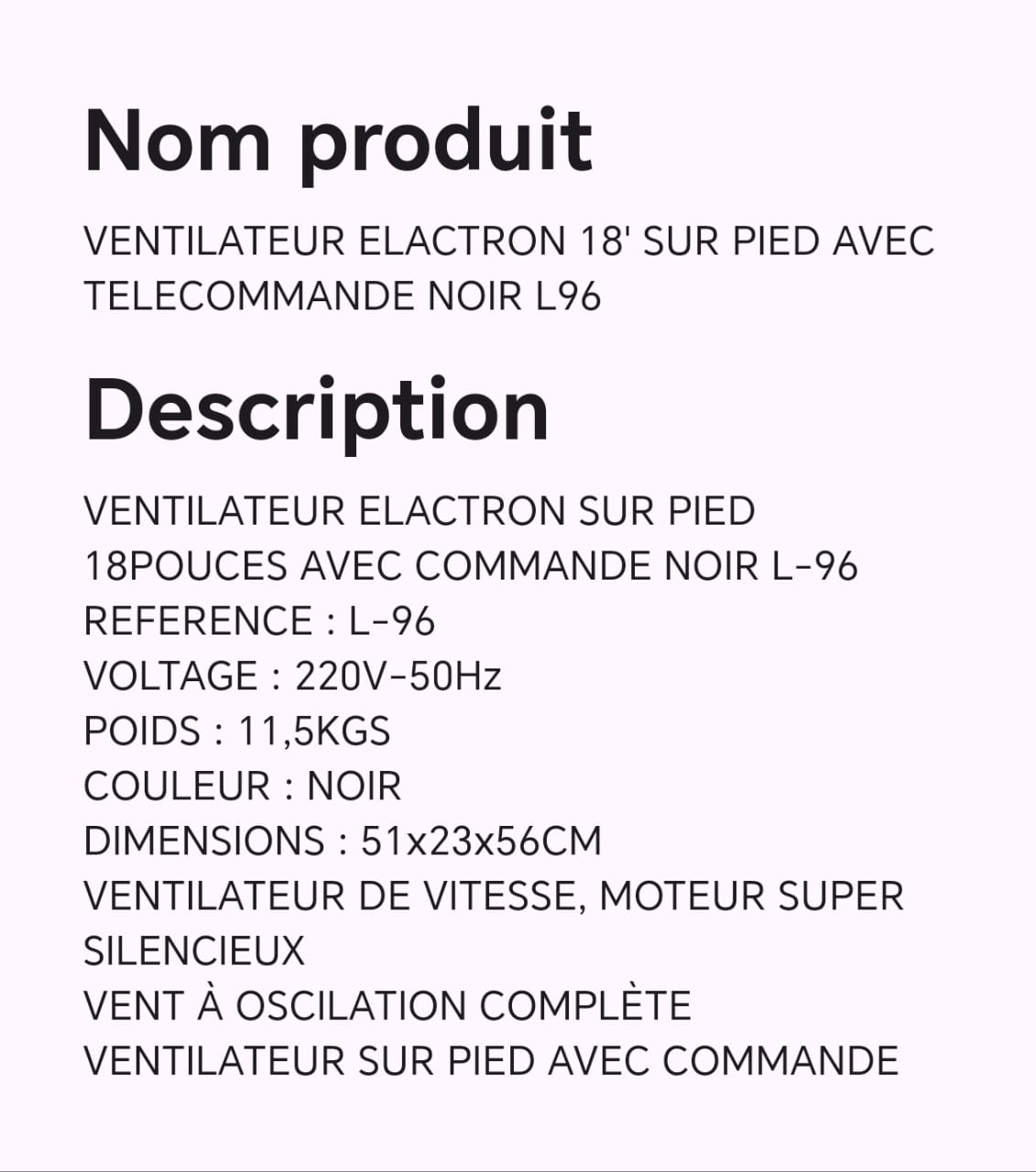 VENTILATEUR ELACTRON 18" SUR PIED AVEC TELECOMMANDE NOIR L96 VENTILATEUR ELACTRON 18" SUR PIED AVEC TELECOMMANDE NOIR L96