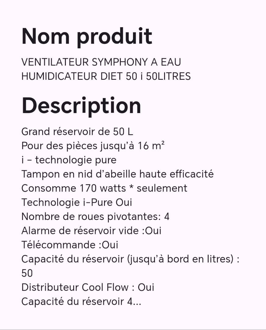 Ventilateur SYMPHONY à eau humidificateur diet 50 i 50 litres Ventilateur SYMPHONY à eau humidificateur diet 50 i 50 litres