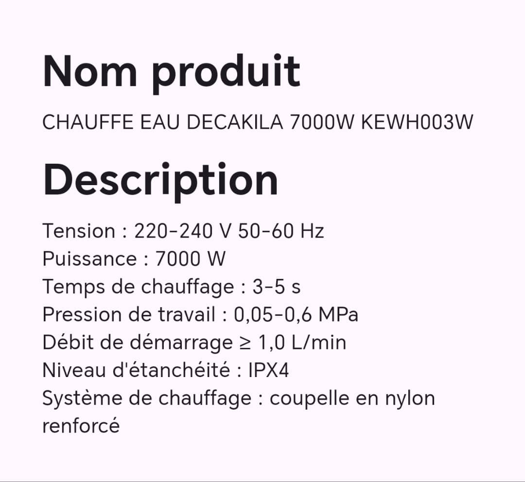 CHAUFFE EAU DECAKILA 7000W KEWH003W CHAUFFE EAU DECAKILA 7000W KEWH003W