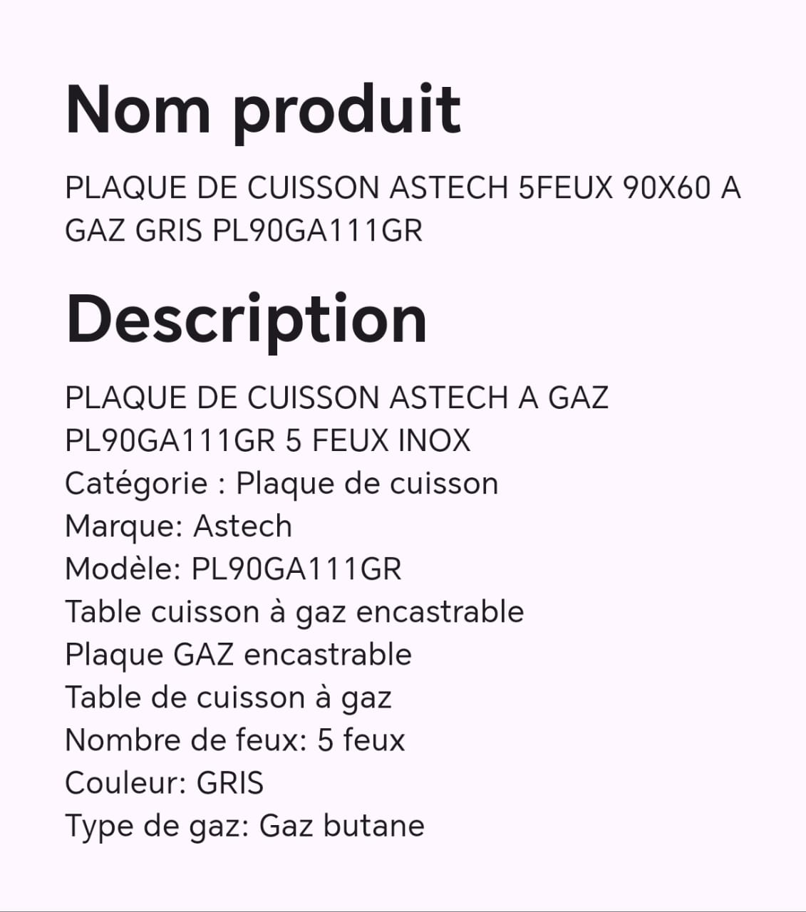 PLAQUE DE CUISSON ASTECH 5FEUX 90X60 A GAZ GRIS PL90GA111GR PLAQUE DE CUISSON ASTECH 5FEUX 90X60 A GAZ GRIS PL90GA111GR