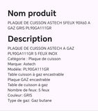 PLAQUE DE CUISSON ASTECH 5FEUX 90X60 A GAZ GRIS PL90GA111GR PLAQUE DE CUISSON ASTECH 5FEUX 90X60 A GAZ GRIS PL90GA111GR
