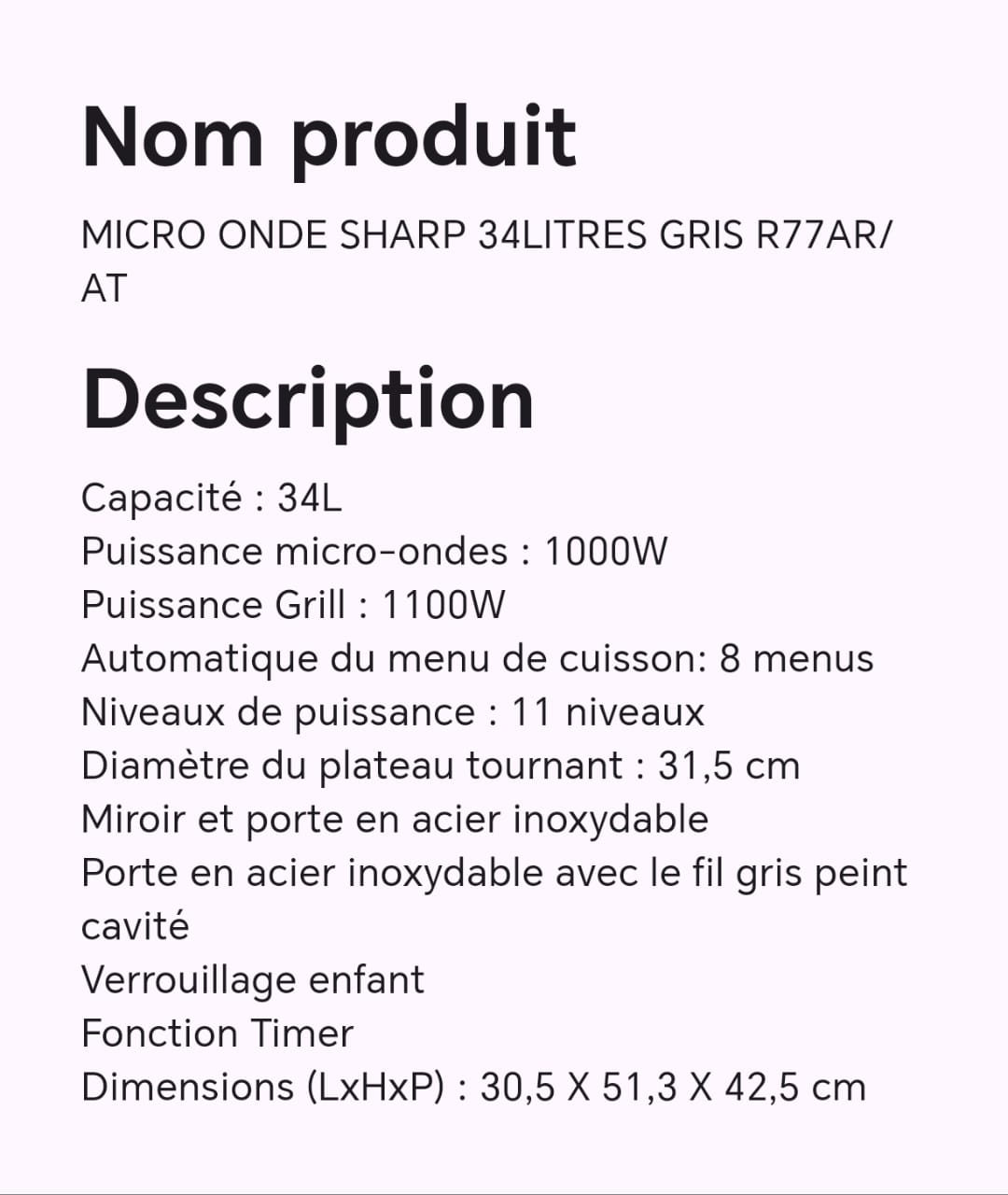 MICRO ONDE SHARP 34LITRES GRIS R77AR/AT MICRO ONDE SHARP 34LITRES GRIS R77AR/AT