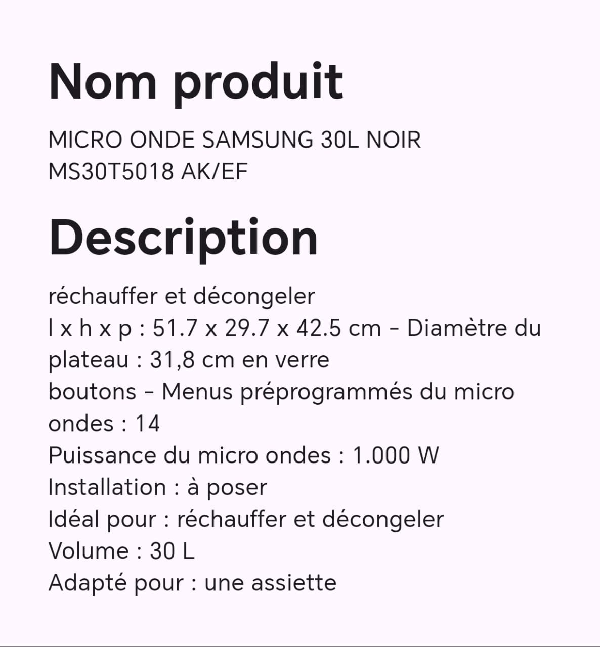 MICRO ONDE SAMSUNG 30L NOIR MS30T5018 AK/EF MICRO ONDE SAMSUNG 30L NOIR MS30T5018 AK/EF