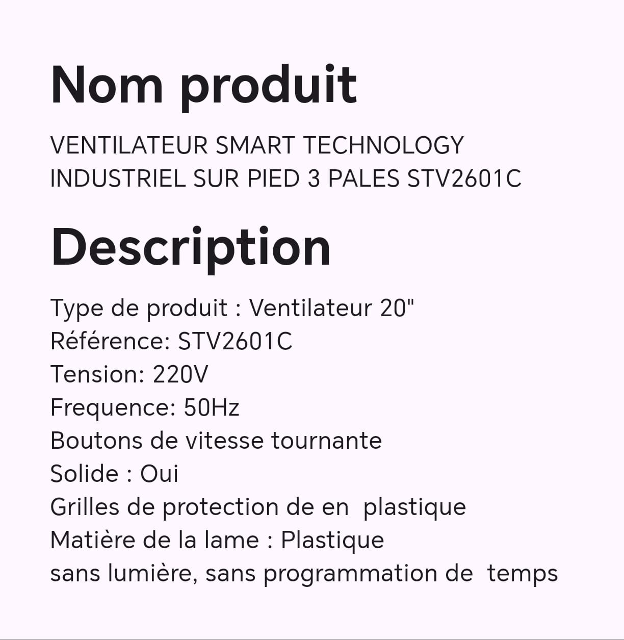 VENTILATEUR SMART TECHNOLOGY INDUSTRIEL SUR PIED 3PALES STV2601C VENTILATEUR SMART TECHNOLOGY INDUSTRIEL SUR PIED 3PALES STV2601C