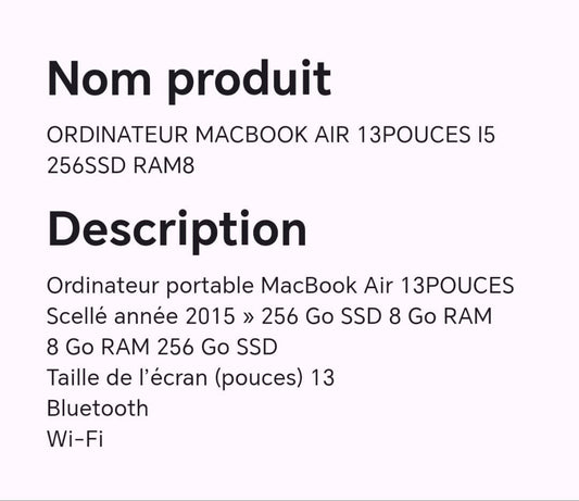ORDINATEUR MACBOOK AIR 13POUCES I5 256SSD RAM8