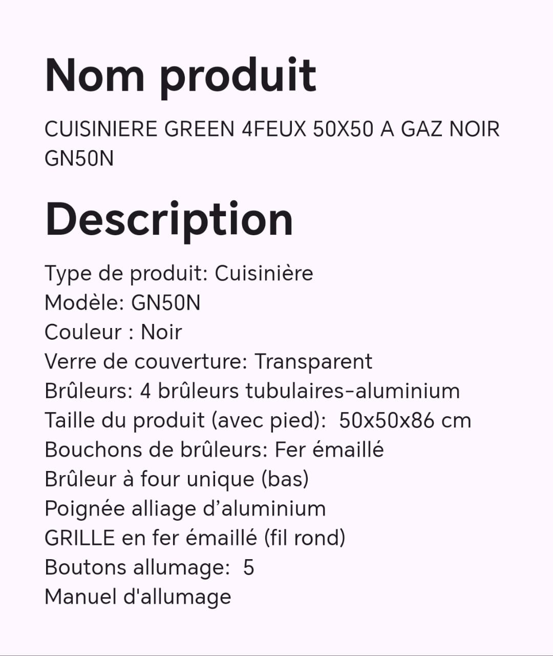 CUISINIERE GREEN 4FEUX 50X50 A GAZ NOIR GN50N CUISINIERE GREEN 4FEUX 50X50 A GAZ NOIR GN50N