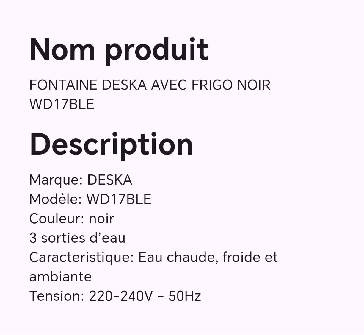 FONTAINE DESKA AVEC FRIGO NOIR WD17BLE FONTAINE DESKA AVEC FRIGO NOIR WD17BLE