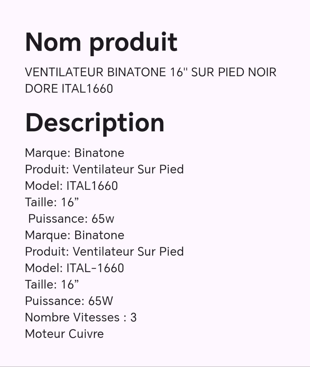 VENTILATEUR BINATONE 16" SUR PIED NOIR DORE ITAL1660 VENTILATEUR BINATONE 16" SUR PIED NOIR DORE ITAL1660