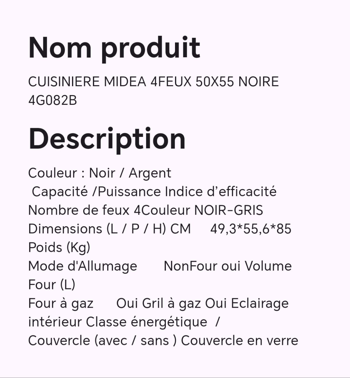 CUISINIERE MIDEA 4FEUX 50X55 NOIRE 4G082B CUISINIERE MIDEA 4FEUX 50X55 NOIRE 4G082B