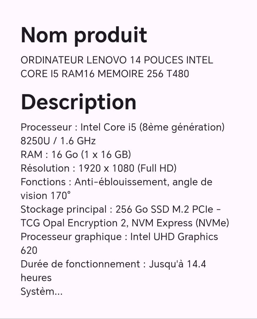 ORDINATEUR LENOVO 14 POUCES INTEL CORE I5 RAM16 MEMOIRE 256 T480 ORDINATEUR LENOVO 14 POUCES INTEL CORE I5 RAM16 MEMOIRE 256 T480
