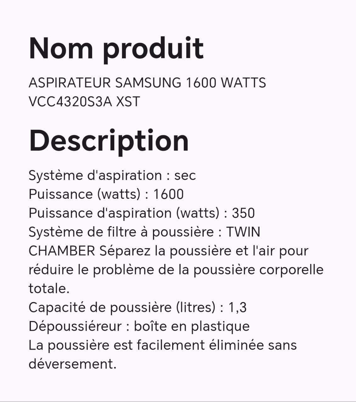 ASPIRATEUR SAMSUNG 1600WATTS VCC4320S3A XST ASPIRATEUR SAMSUNG 1600WATTS VCC4320S3A XST