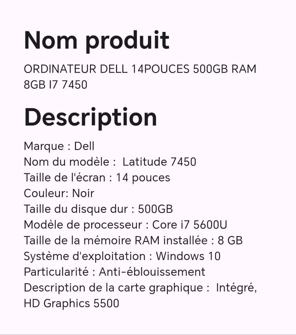 ORDINATEUR DELL 14POUCES 500GB RAM 8GB I7 7450 ORDINATEUR DELL 14POUCES 500GB RAM 8GB I7 7450
