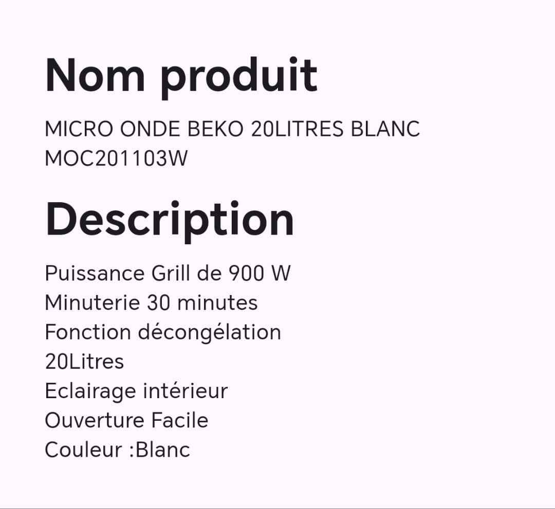 MICRO ONDE BEKO 20LITRES BLANC MOC201103W MICRO ONDE BEKO 20LITRES BLANC MOC201103W