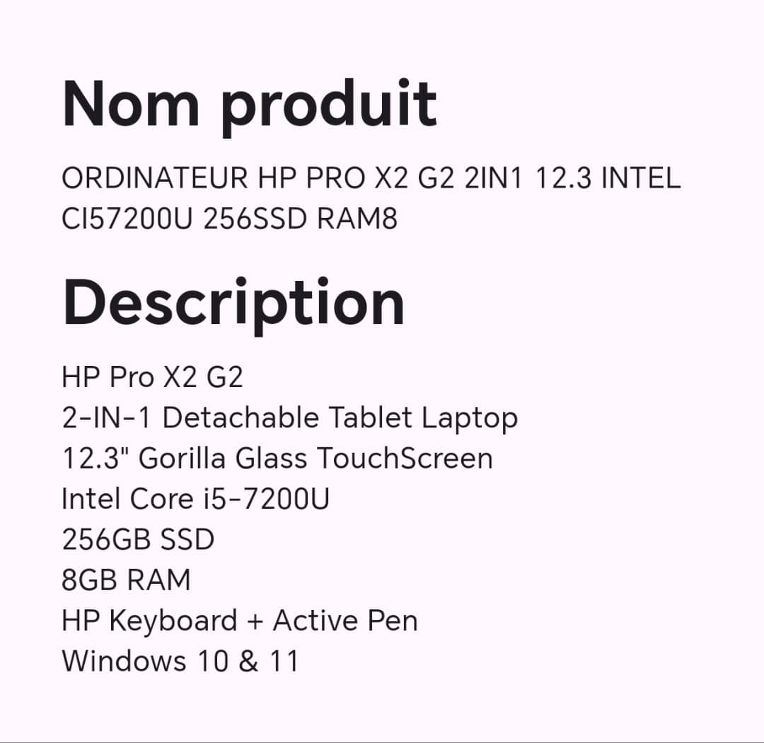 ORDINATEUR HP PRO X2 G2 2IN1 12.3 INTEL CI57200U 256SSD RAM8 ORDINATEUR HP PRO X2 G2 2IN1 12.3 INTEL CI57200U 256SSD RAM8