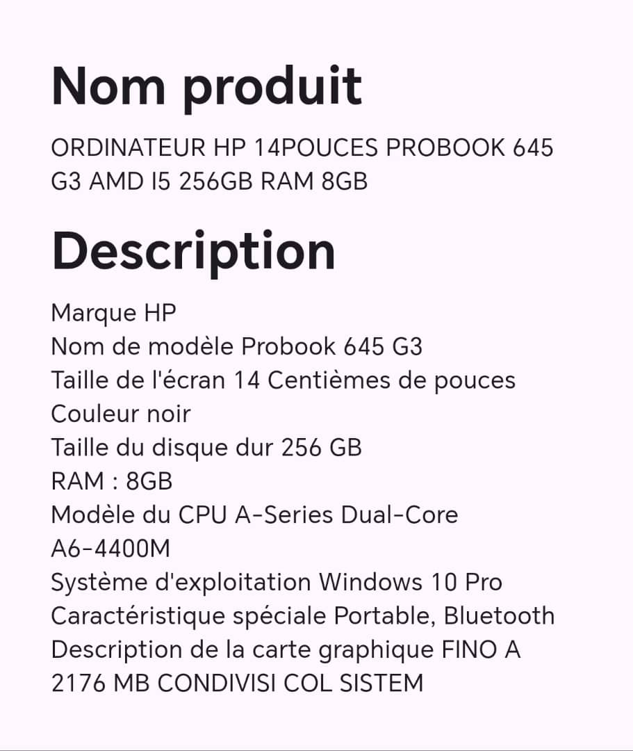 ORDINATEUR HP 14POUCES PROBOOK 645 G3 AMD I5 256GB RAM 8GB ORDINATEUR HP 14POUCES PROBOOK 645 G3 AMD I5 256GB RAM 8GB