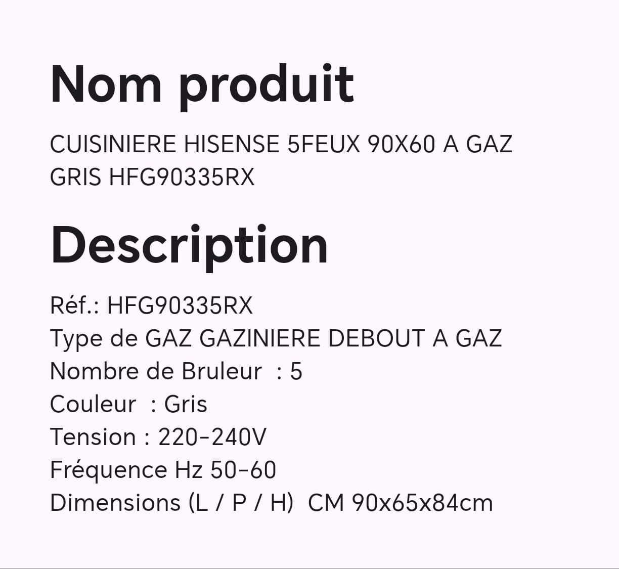 CUISINIERE HISENSE 5FEUX 90X60 A GAZ GRIS HFG90335RX CUISINIERE HISENSE 5FEUX 90X60 A GAZ GRIS HFG90335RX