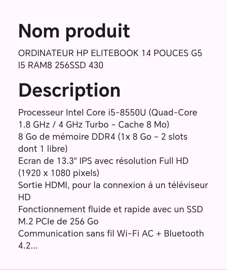 ORDINATEUR HP ELITEBOOK 14 POUCES G5 I5 RAM8 256SSD 430 ORDINATEUR HP ELITEBOOK 14 POUCES G5 I5 RAM8 256SSD 430