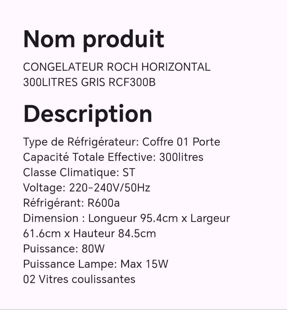 CONGELATEUR ROCH HORIZONTAL 300LITRES GRIS RCF300B CONGELATEUR ROCH HORIZONTAL 300LITRES GRIS RCF300B