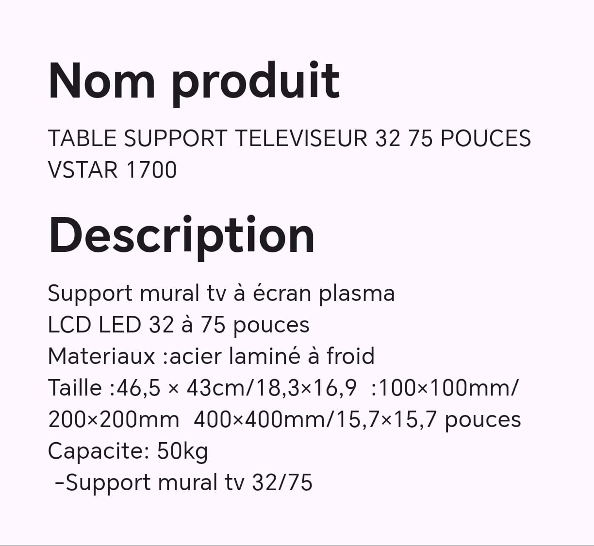 TABLE SUPPORT TELEVISEUR 32 75 POUCES VSTAR 1700 TABLE SUPPORT TELEVISEUR 32 75 POUCES VSTAR 1700