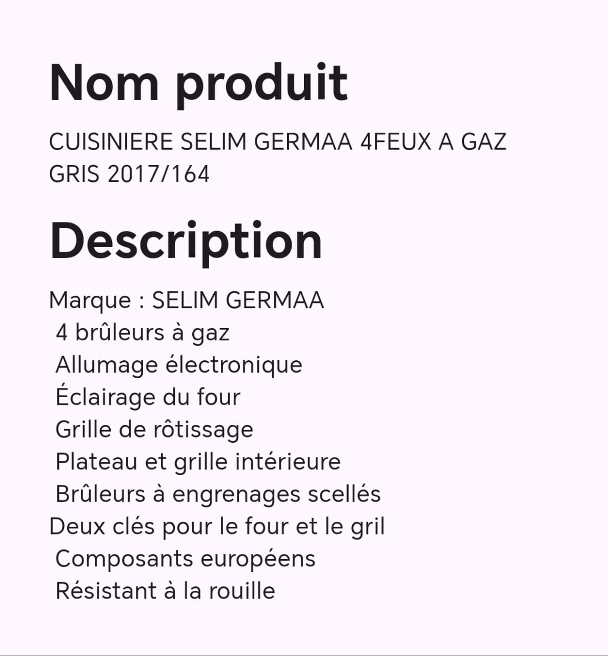 CUISINIERE SELIM GERMAA 4FEUX A GAZ GRIS 2017/164 CUISINIERE SELIM GERMAA 4FEUX A GAZ GRIS 2017/164