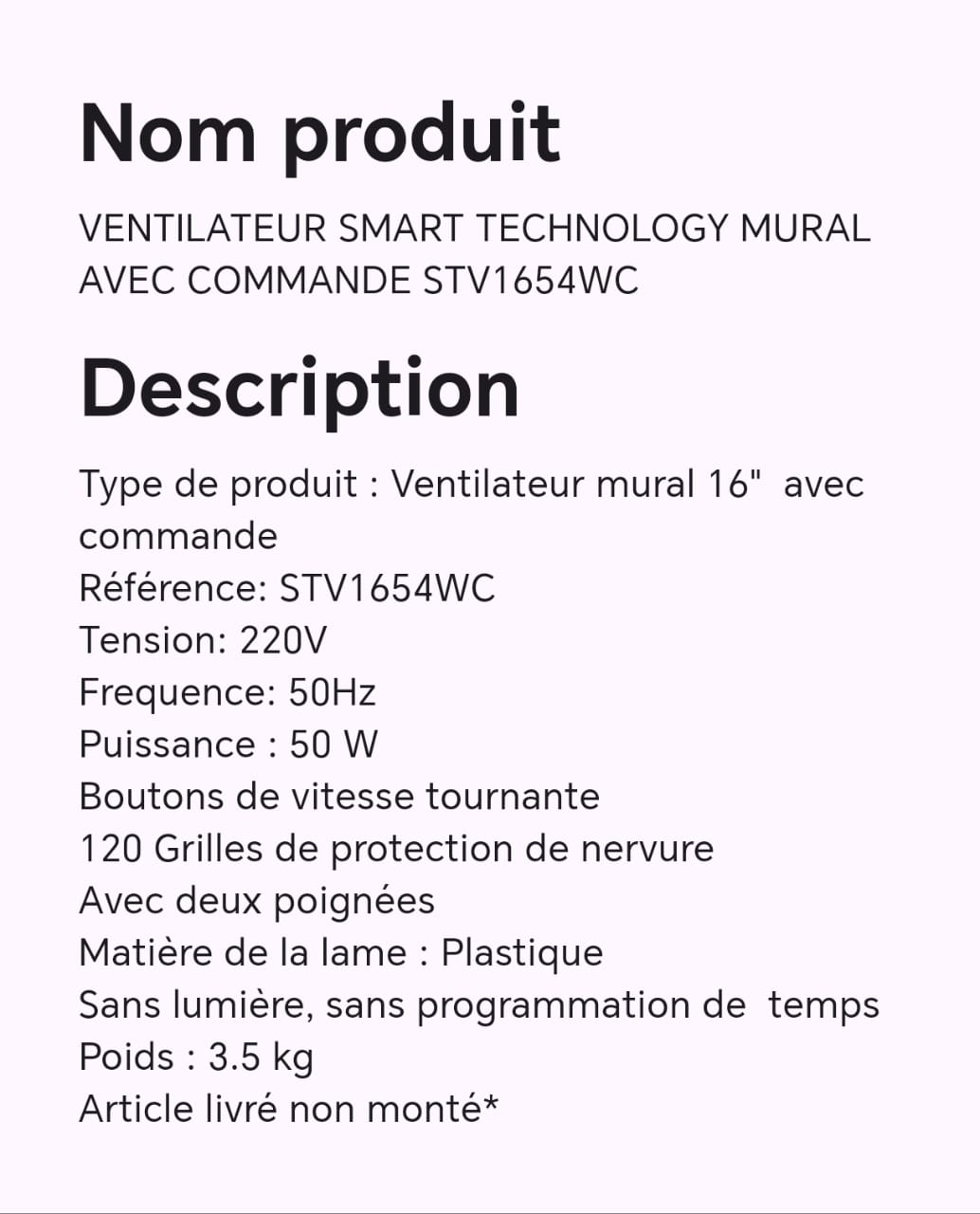 VENTILATEUR SMART TECHNOLOGY MURAL AVEC COMMANDES STV1654WC VENTILATEUR SMART TECHNOLOGY MURAL AVEC COMMANDES STV1654WC
