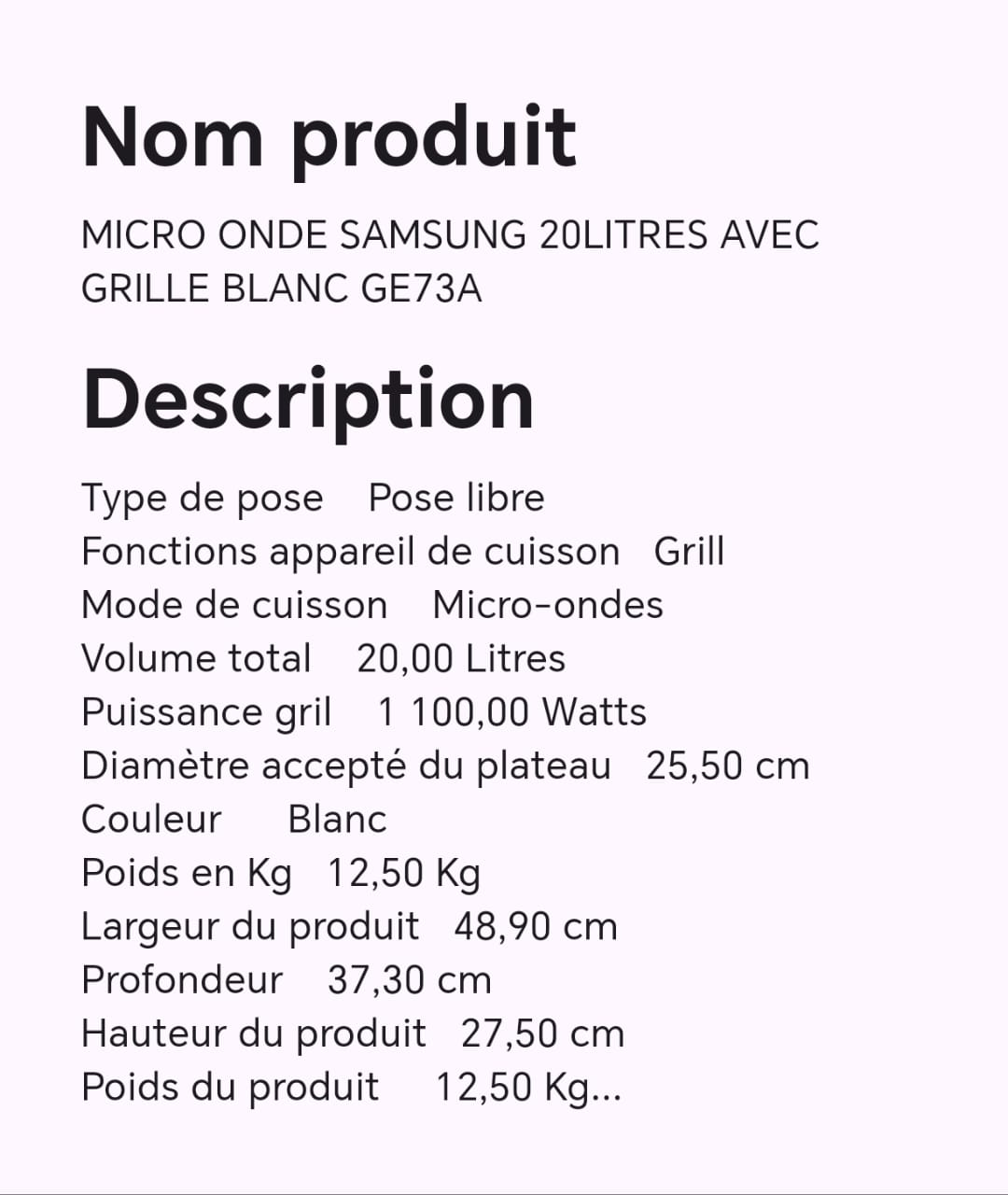MICRO ONDE SAMSUNG 20LITRESS AVEC GRILLE BLANC GE73A MICRO ONDE SAMSUNG 20LITRESS AVEC GRILLE BLANC GE73A