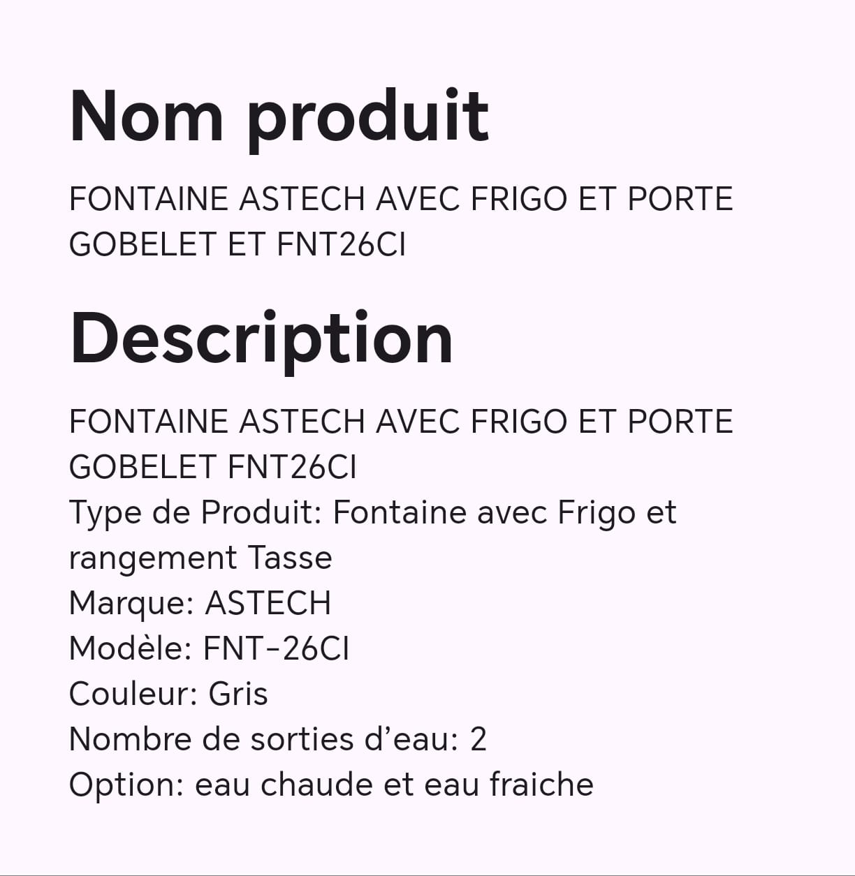 FONTAINE ASTECH AVEC FRIGO ET PORTE GOBELET ET FNT26CI FONTAINE ASTECH AVEC FRIGO ET PORTE GOBELET ET FNT26CI