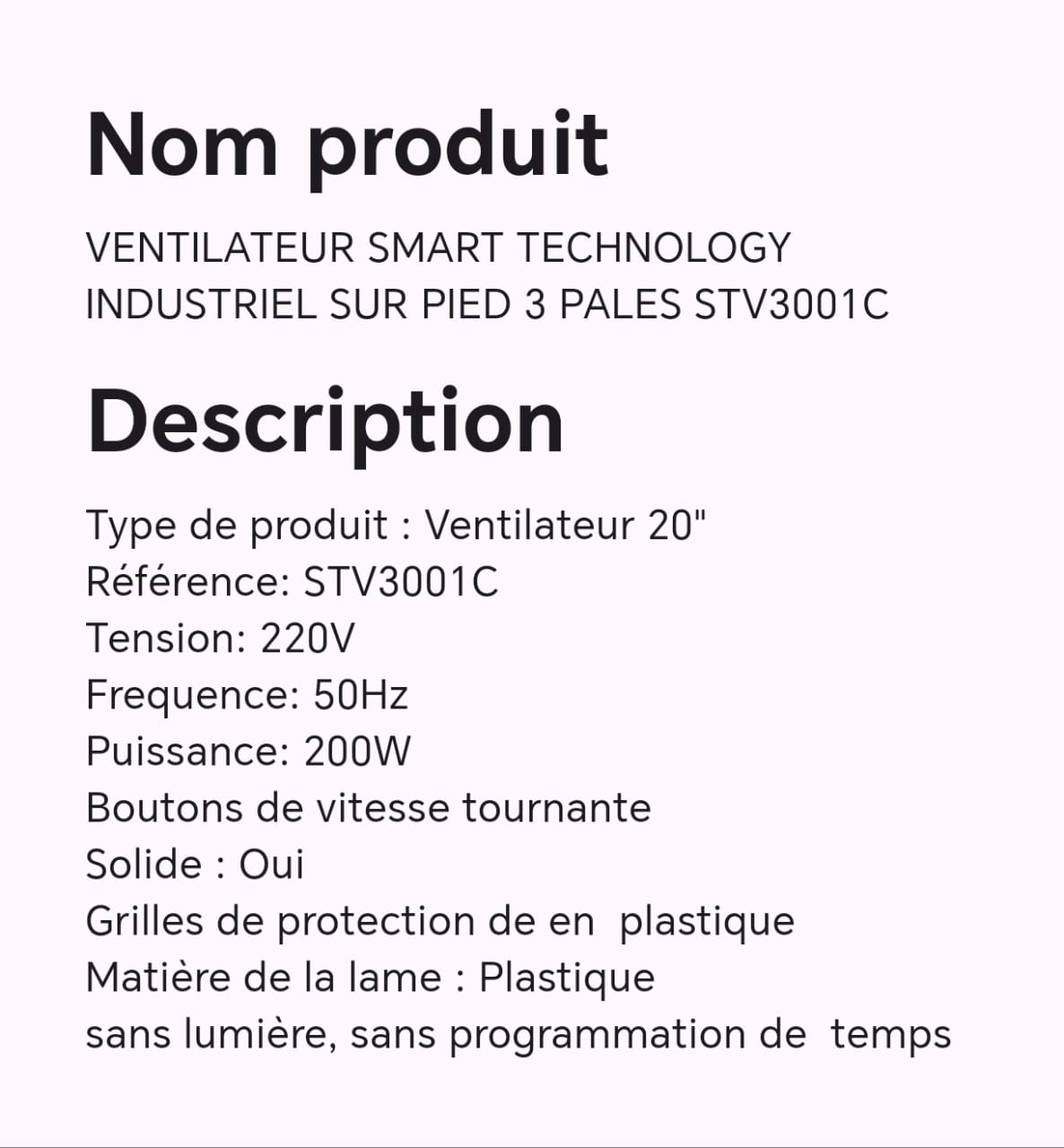 VENTILATEUR SMART TECHNOLOGY INDUSTRIEL SUR PIED 3PALES STV3001C VENTILATEUR SMART TECHNOLOGY INDUSTRIEL SUR PIED 3PALES STV3001C