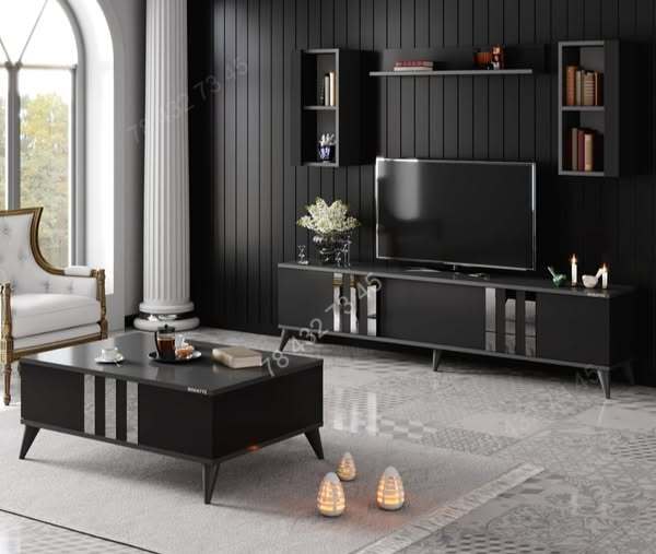 Meuble TV + Table Basse - Noir Gris - 1m80 Meuble TV + Table Basse - Noir Gris - 1m80