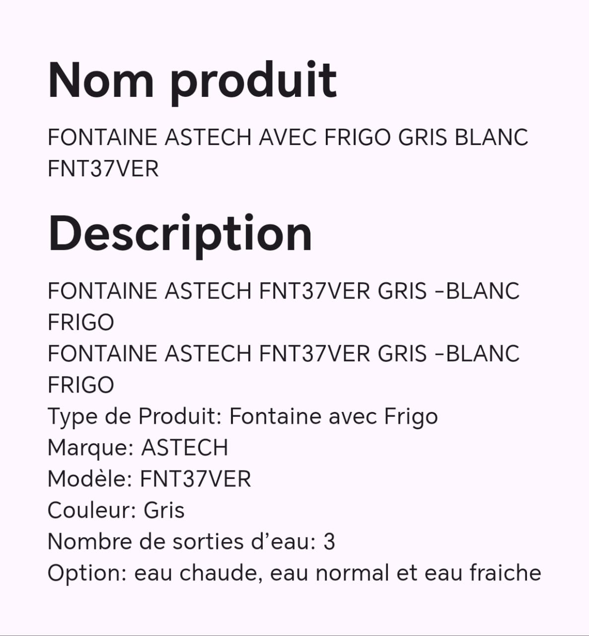 FONTAINE ASTECH AVEC FRIGO GRIS BLANC FNT37VER FONTAINE ASTECH AVEC FRIGO GRIS BLANC FNT37VER