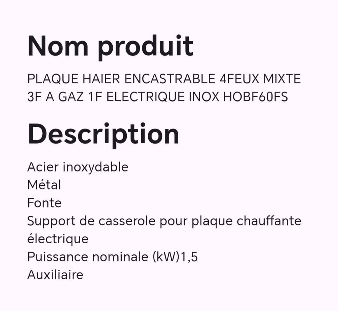 PLAQUE HAIER ENCASTRABLE 4FEUX MIXTE 3F A GAZ 1F ELECTRIQUE INOX HOBF60FS PLAQUE HAIER ENCASTRABLE 4FEUX MIXTE 3F A GAZ 1F ELECTRIQUE INOX HOBF60FS