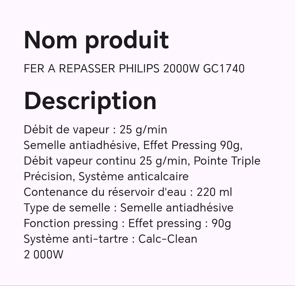 FER A REPASSER PHILPS 2000W GC1740 FER A REPASSER PHILPS 2000W GC1740