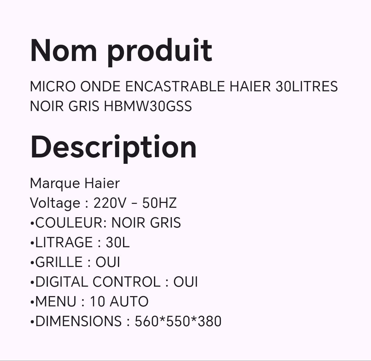 MICRO ONDE ENCASTRABLE HAIER 30LITRES NOIR GRIS HBMW30GSS MICRO ONDE ENCASTRABLE HAIER 30LITRES NOIR GRIS HBMW30GSS