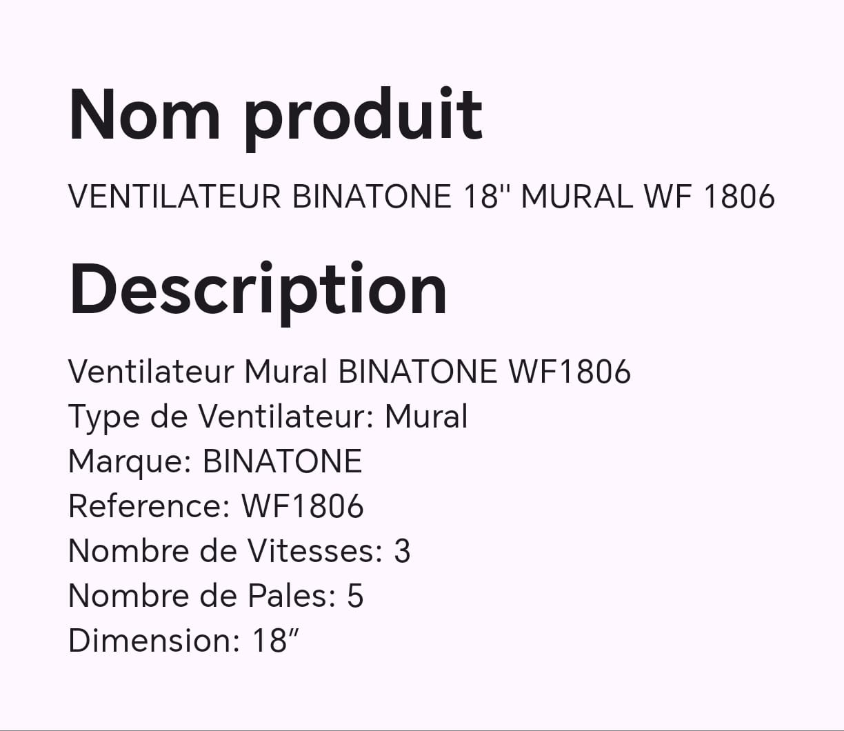 VENTILATEUR BINATONE 18" MURAL WF 1806 VENTILATEUR BINATONE 18" MURAL WF 1806