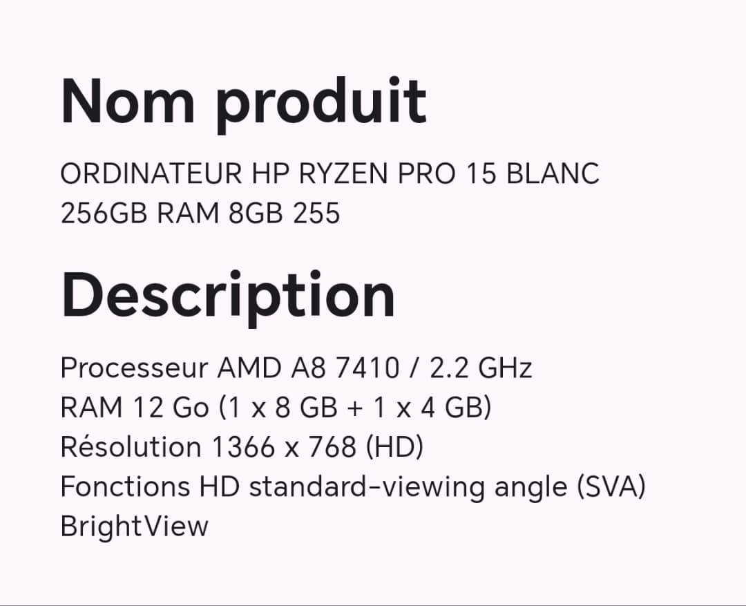 ORDINATEUR HP RYZEN PRO 15 BLANC 256GB RAM 8 GB 255 ORDINATEUR HP RYZEN PRO 15 BLANC 256GB RAM 8 GB 255
