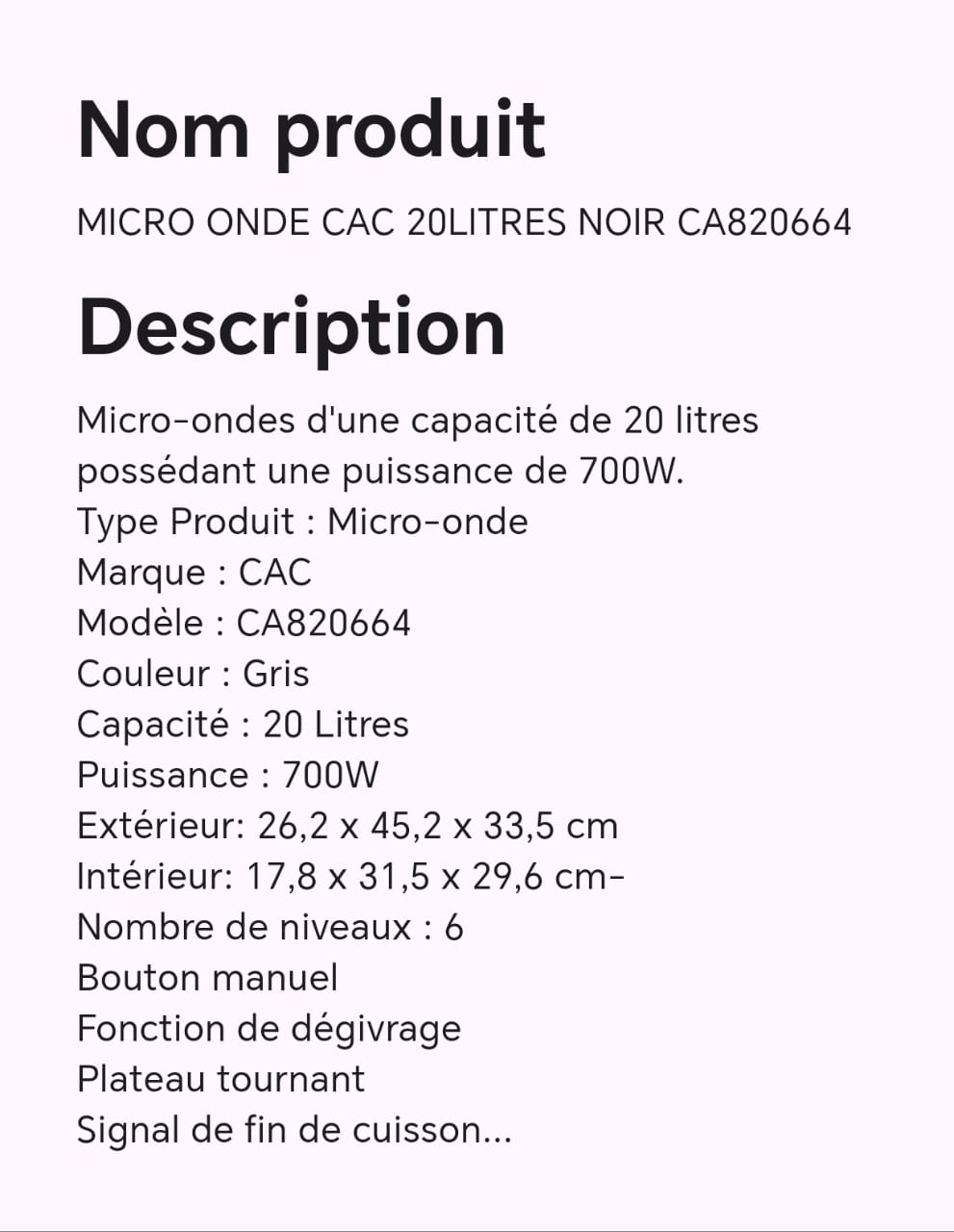 MICRO ONDE CAC 20LITRES NOIR CA820664 MICRO ONDE CAC 20LITRES NOIR CA820664