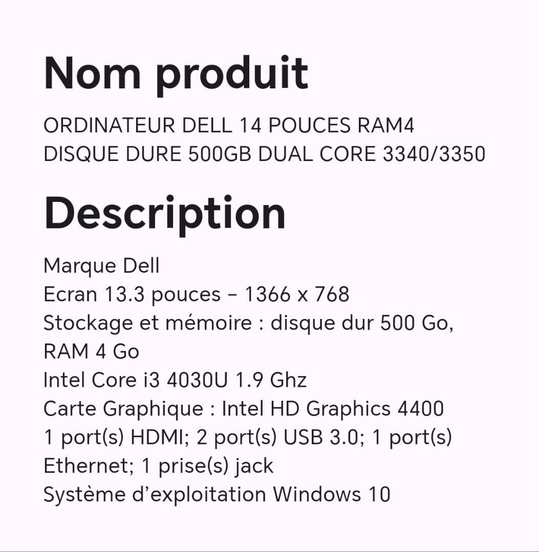 ORDINATEUR DELL 14 POUCES RAM4 DISQUE DURE 500GB DUAL CORE 3340/3350 ORDINATEUR DELL 14 POUCES RAM4 DISQUE DURE 500GB DUAL CORE 3340/3350