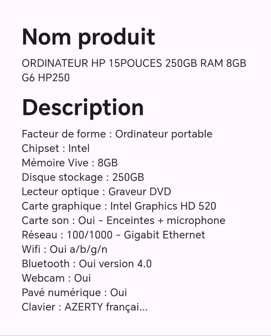 ORDINATEUR HP 15POUCES 250GB RAM 8GB G6 HP250 ORDINATEUR HP 15POUCES 250GB RAM 8GB G6 HP250