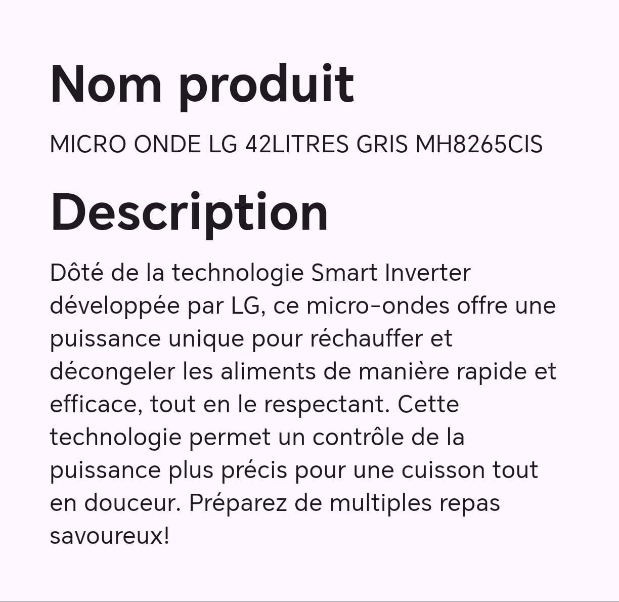 MICRO ONDE LG 42LITRES GRIS MH8265CIS MICRO ONDE LG 42LITRES GRIS MH8265CIS
