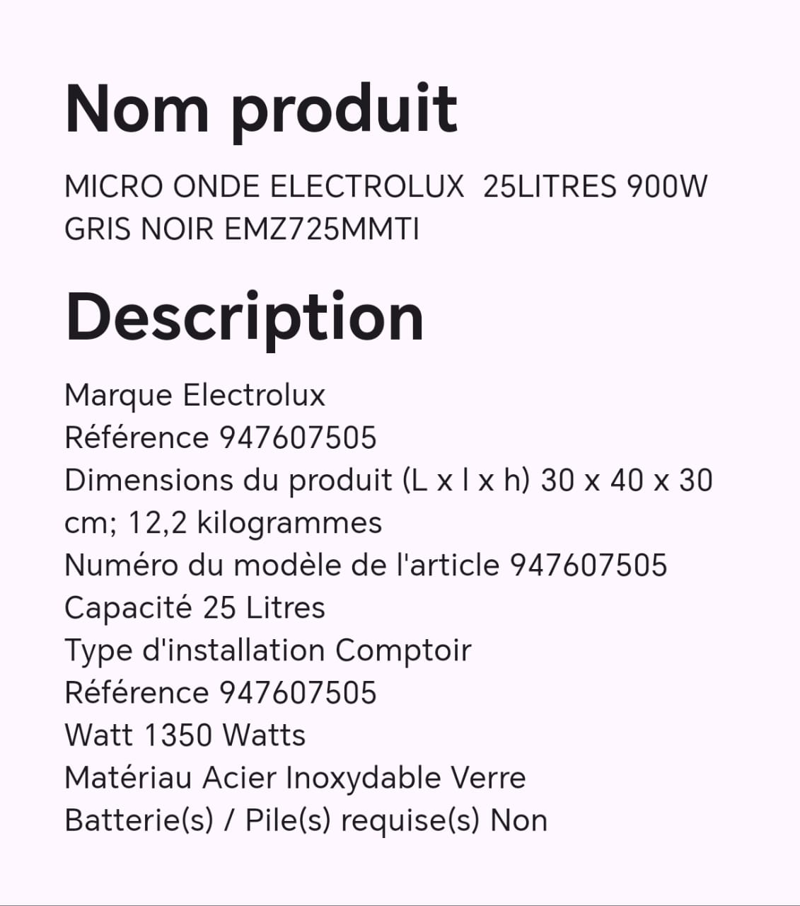 MICRO ONDE ELECTROLUX 25LITRES 900W GRIS NOIR EMZ725MMTI MICRO ONDE ELECTROLUX 25LITRES 900W GRIS NOIR EMZ725MMTI