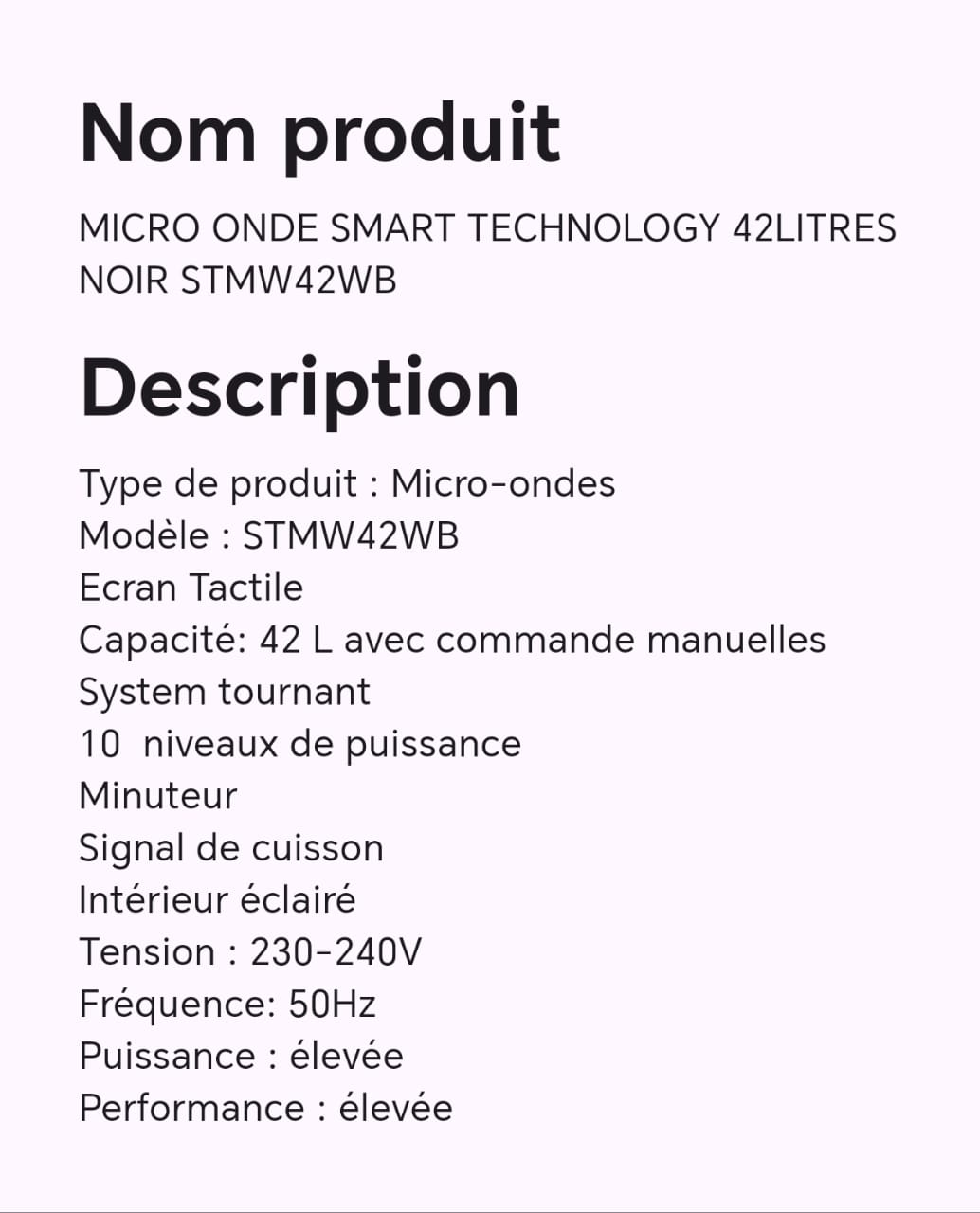 MICRO ONDE SMART TECHNOLOGY 42LITRES NOIR STMW42WB MICRO ONDE SMART TECHNOLOGY 42LITRES NOIR STMW42WB