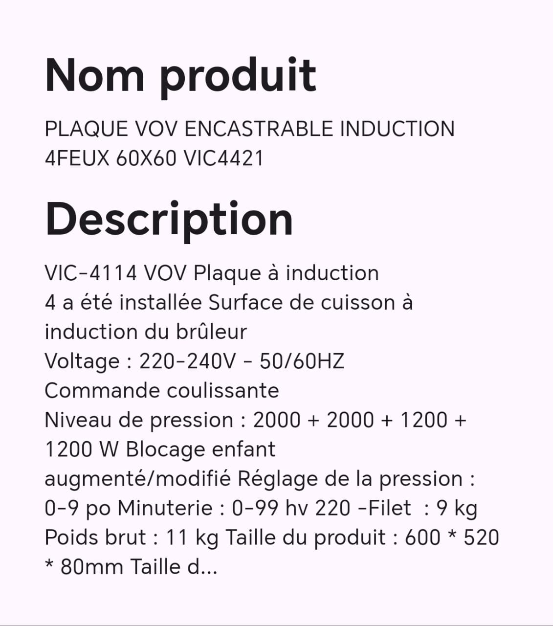 PLAQUE VOV ENCASTRABLE INDUCTION 4FEUX 60X60 VIC4421 PLAQUE VOV ENCASTRABLE INDUCTION 4FEUX 60X60 VIC4421