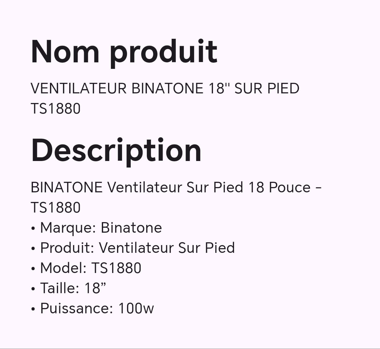 VENTILATEUR BINATONE 18" SUR PIED TS1880 VENTILATEUR BINATONE 18" SUR PIED TS1880