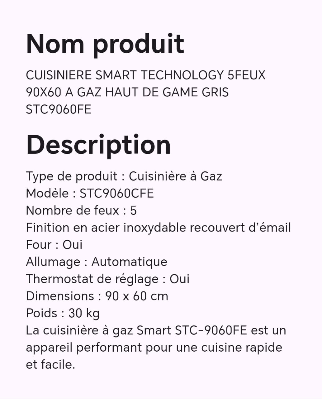 CUISINIERE SMART TECHNOLOGY 5FEUX 90X60 A GAZ HAUT DE GAME GRIS STC9060FE CUISINIERE SMART TECHNOLOGY 5FEUX 90X60 A GAZ HAUT DE GAME GRIS STC9060FE
