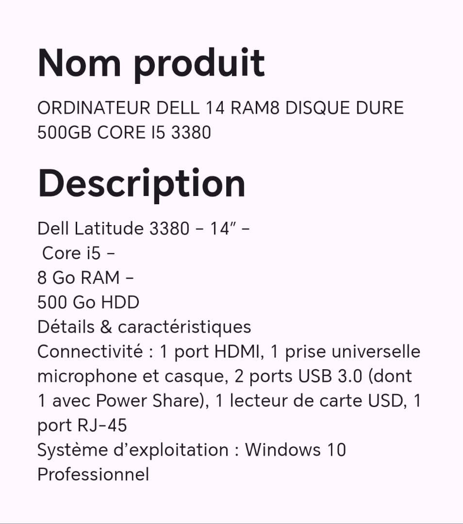 ORDINATEUR DELL 14 RAM8 DISQUE DURE 500 GB CORE I5 3380 ORDINATEUR DELL 14 RAM8 DISQUE DURE 500 GB CORE I5 3380