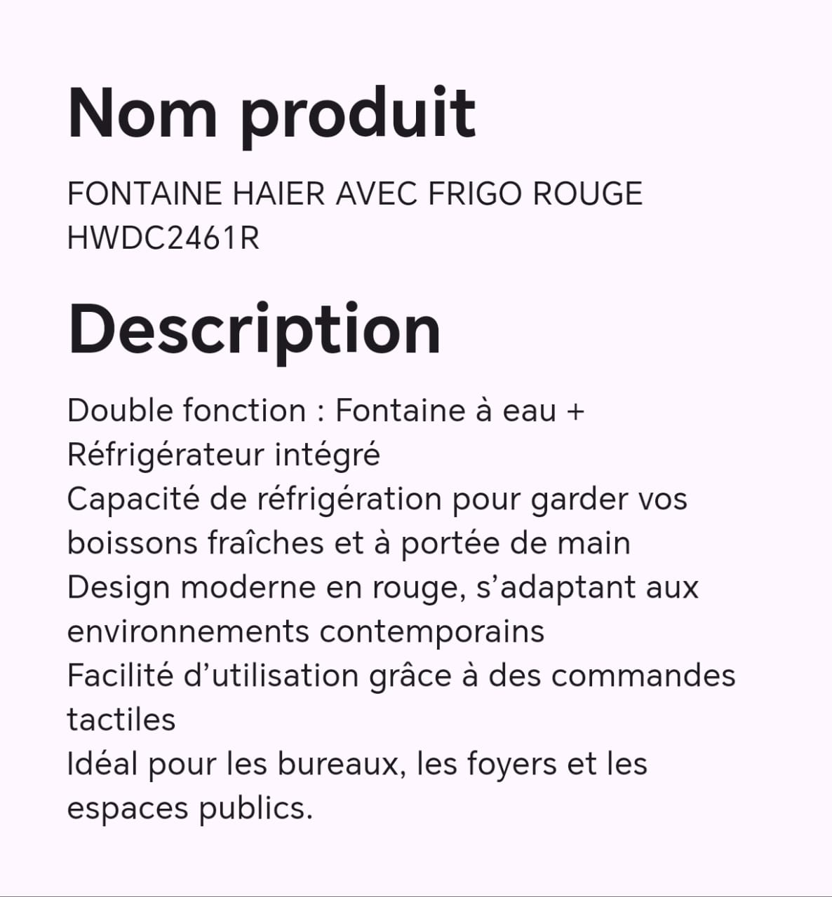 FONTAINE HAIER AVEC FRIGO ROUGE HWDC2461R FONTAINE HAIER AVEC FRIGO ROUGE HWDC2461R